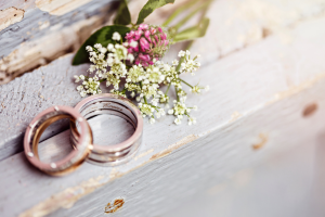 Wedding rings on a bench